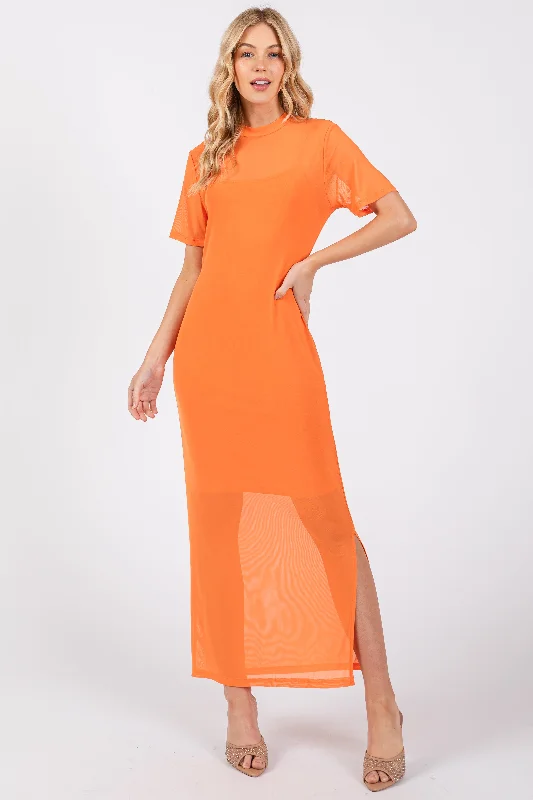 Women's Active Garments For Workouts Orange Layered Mesh Maxi Dress