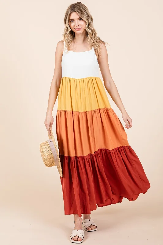 Women's Fashionable Attire For Work Orange Tiered Colorblock Maxi Dress