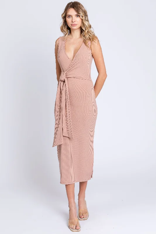 Women's Vacation Outfit Set Peach Rib Knit Side Tie Midi Dress