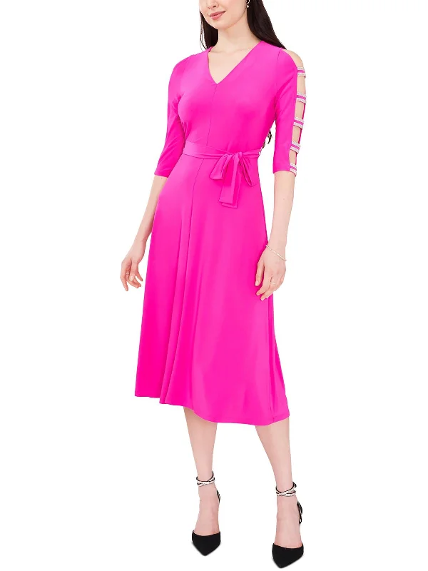 Women's Activewear Outfit Petites Womens Stretch Midi Fit & Flare Dress