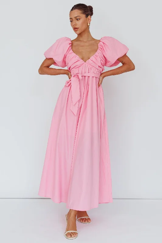 Casual Outfit For Women Pink Balloon Sleeve V Neckline Maxi Dress