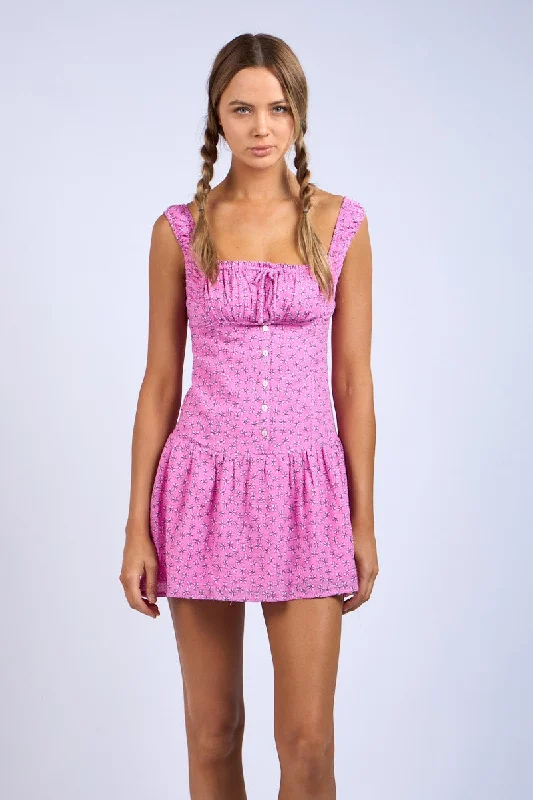 Vintage-Inspired Garments Pink Floral Pattern Ruched Bust Wide Strap Mini Dress