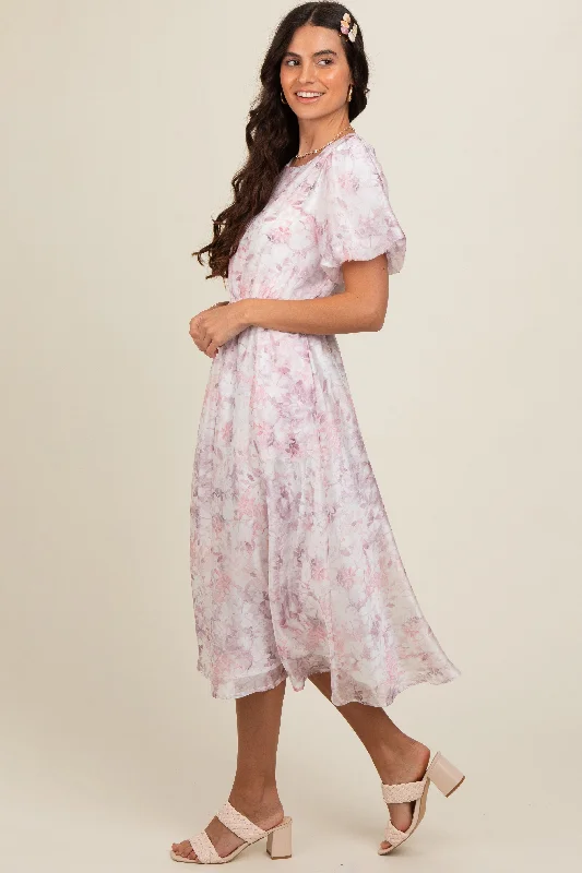 Women's Timeless Attire Pink Lavender Floral Puff Sleeve Dress