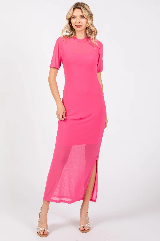 Women's Travel Attire Pink Layered Mesh Maxi Dress