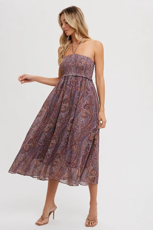 Women's Transitional Attire Purple Paisley Halter Smocked Midi Dress