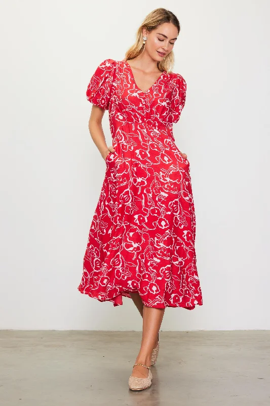 Women's Athletic Outfit Red Floral Button Front Short Sleeve Midi Dress