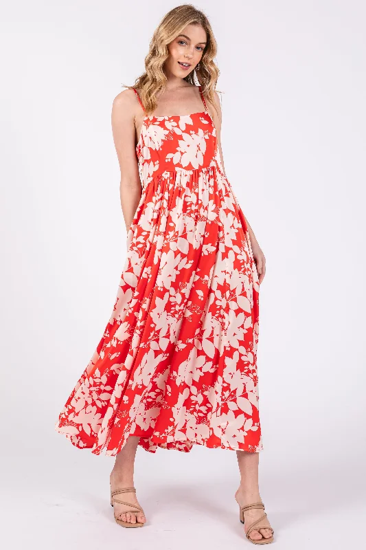 Women's High-Fashion Outfit Red Leaf Print Satin Square Neck Midi Dress