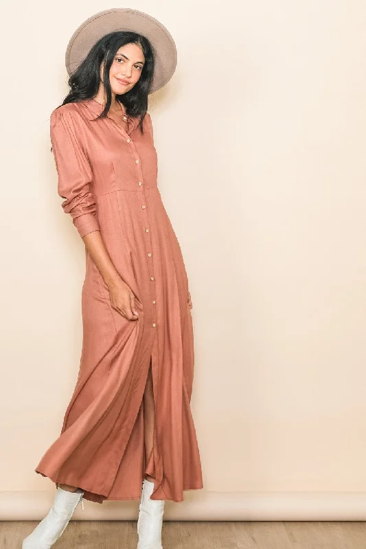 Formal Attire For Women Rust Collared Button Down Long Sleeve Maxi Dress