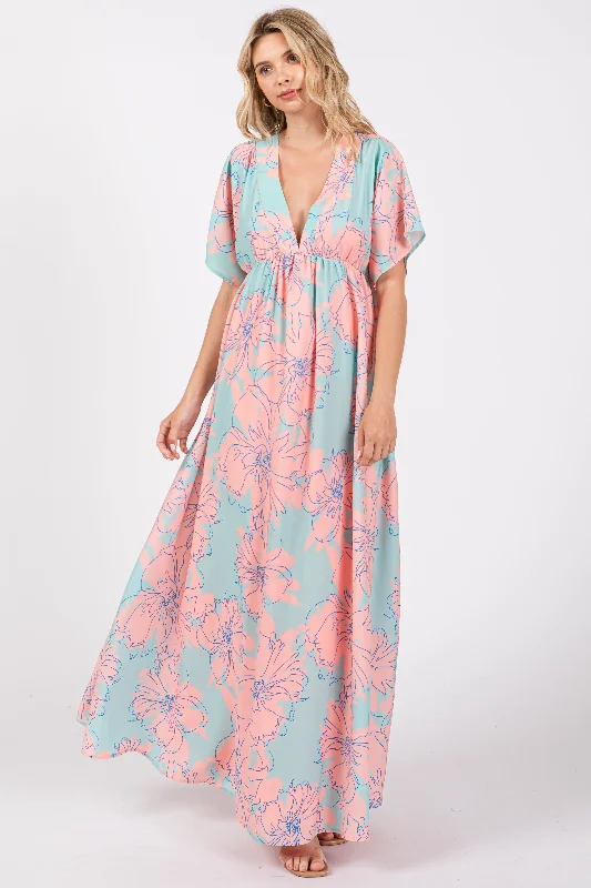 Women's Resort Garments Salmon Floral Back Cutout Maxi Dress