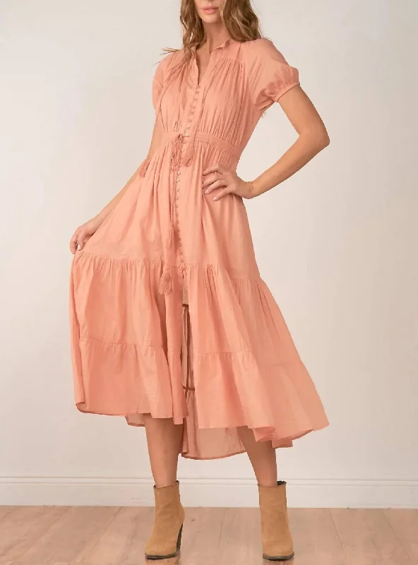 Stylish Women's Outfit SHORT SLEEVE BUTTON UP MAXI DRESS in Dusty Rose