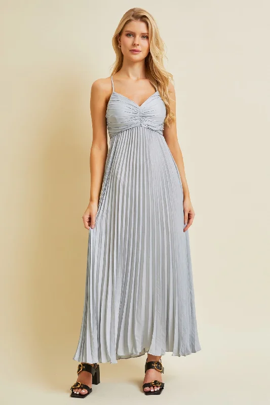 Women's Classic Outfit Silver Pleated Back Cutout Tie Maxi Dress