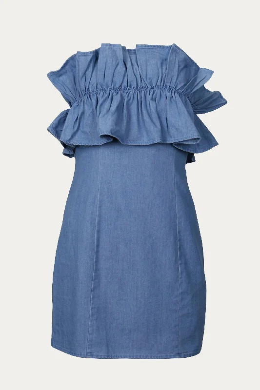 Women's Vintage Garments Strapless Ruffled Denim Mini Dress In Blue