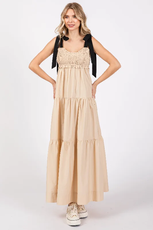 Women's Chic Outfit Taupe Contrast Shoulder Straps Maxi Dress