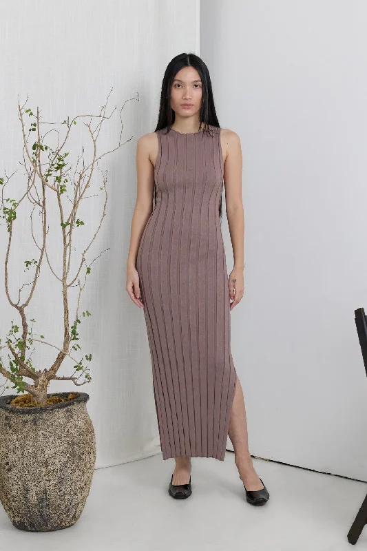 Women's Timeless Attire Taupe Sleeveless Knit Side Slit Midi Dress