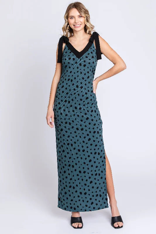 Women's Seasonal Attire Teal Ribbed Polka Dot Shoulder Tie Maxi Dress