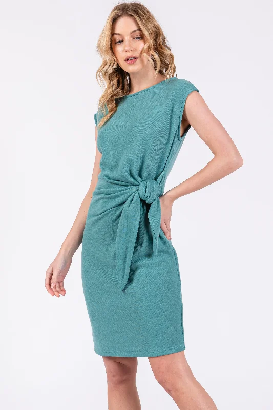 Elegant Women's Attire Teal Terry Knit Gathered Waist Dress