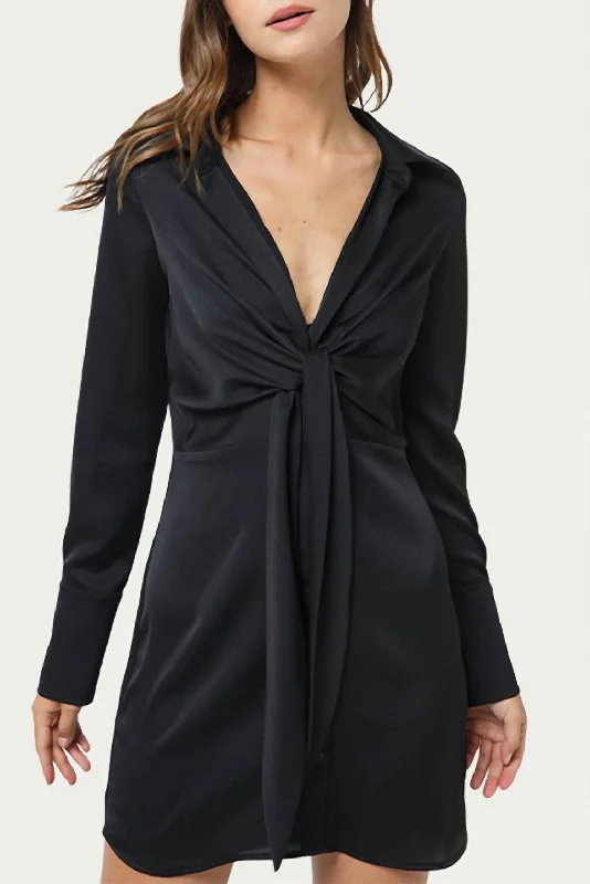 Women's Seasonal Garments Tie-Front Satin Shirt Dress in Black