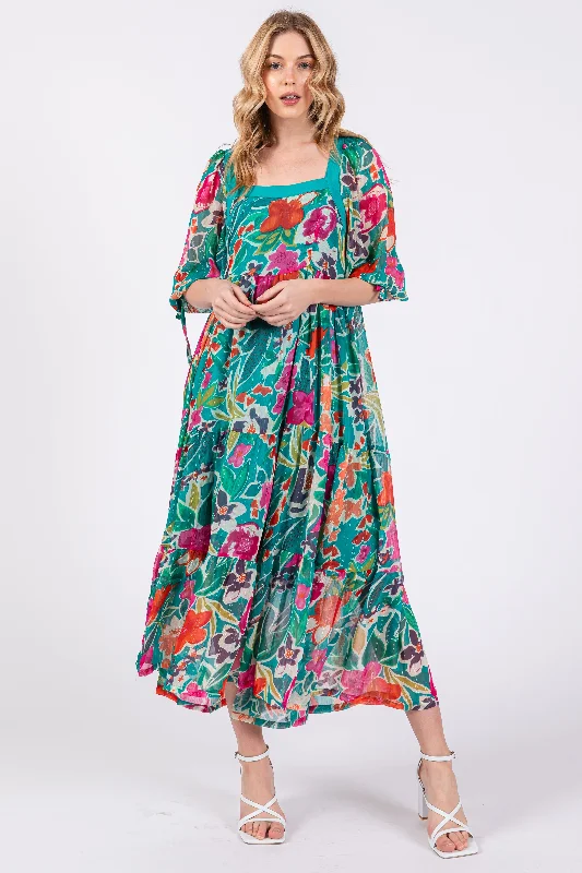 Women's Clothing Outfit Set Turquoise Floral Half-Length Sleeve Tie Midi Dress