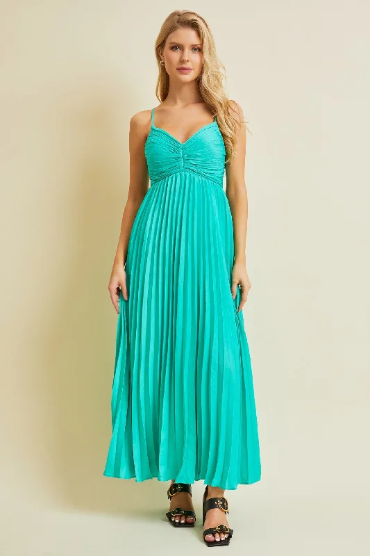 Women's Office Outfit Turquoise Pleated Back Cutout Tie Maxi Dress