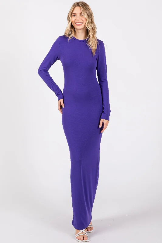 Plus-Size Women's Garments Violet Long Sleeve Fitted Maxi Dress