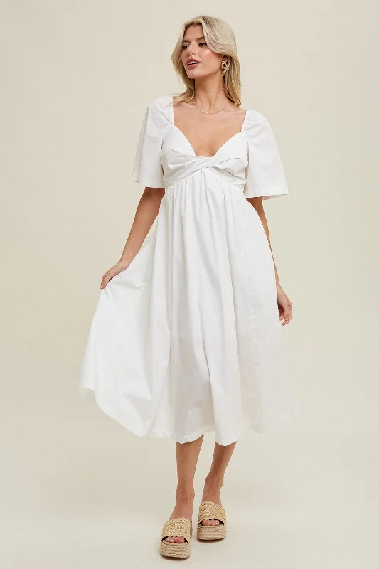 Vintage-Inspired Garments White Poplin Cotton Midi Dress With Front Twist