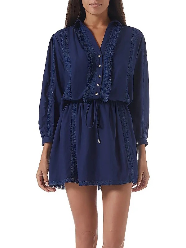 Women's Vacation Outfit Womens Crochet Trim Mini Shirtdress