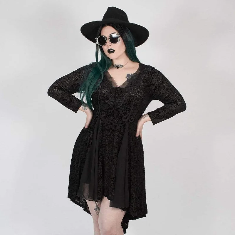 Women's Chic Outerwear Garments Women's Gothic Asymmetrical Black Dress with Full Sleeves and Net Details