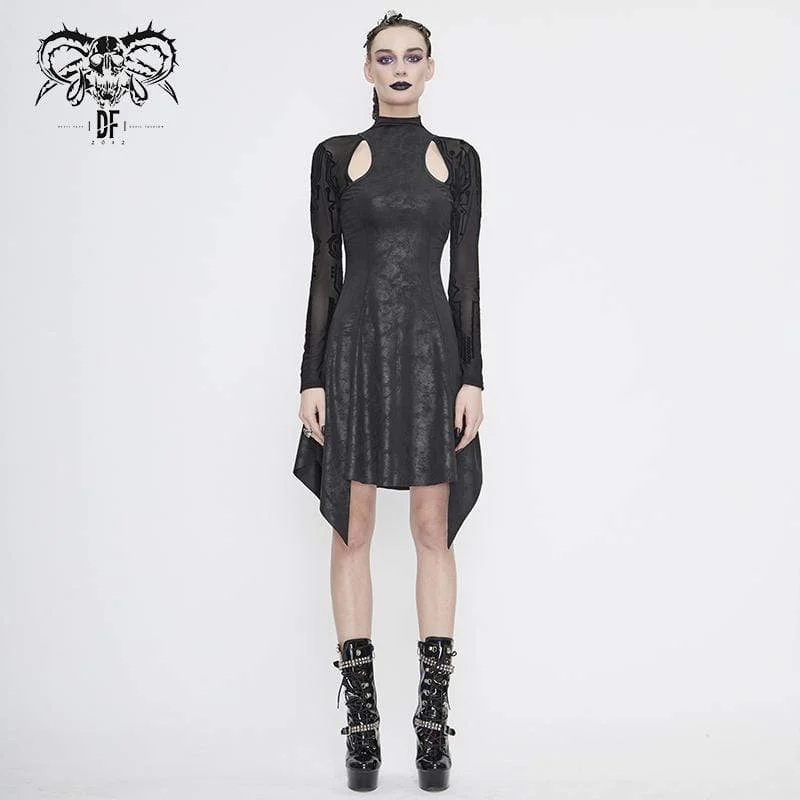 Women's Evening Wear Attire Women's Gothic Asymmetrical Flared Long Sleeved Dresses with Tear-Drop Cut-out Details