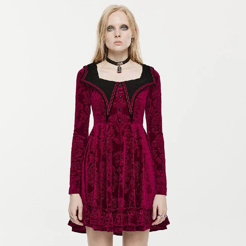 Women's Layered Outfit Women's Gothic Bat Collar Embossed Velvet Dress