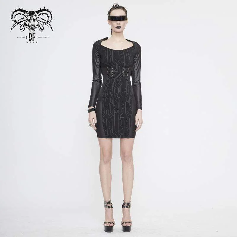 Women's Classic Attire Women's Gothic Black Long Sleeved Short Shift Dresses with Lace