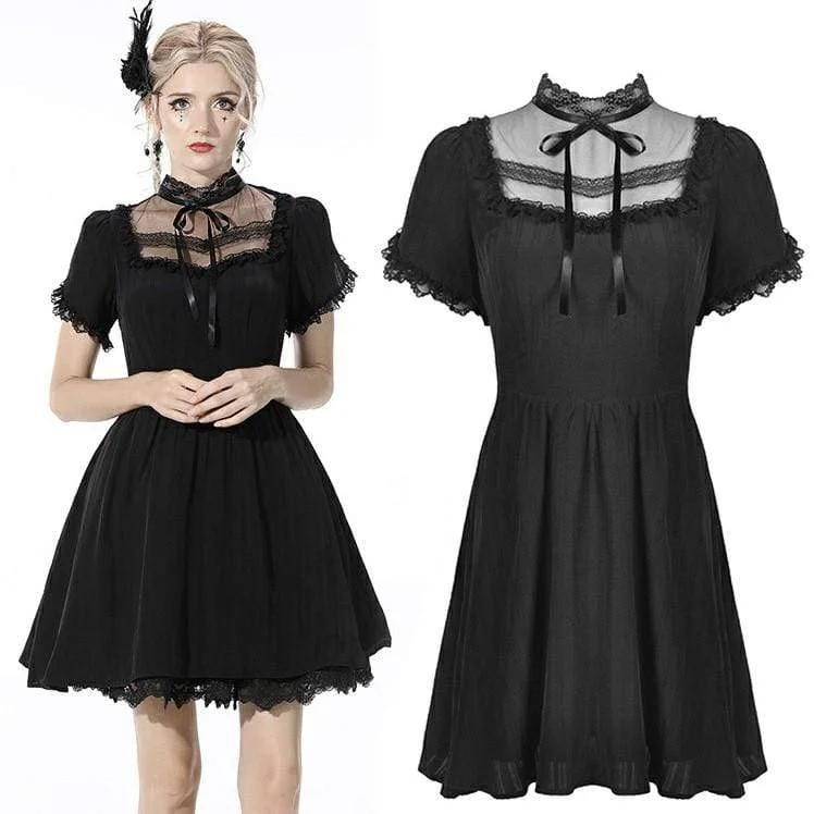 Women's Vacation Garments Women's Gothic Bowknot Pleated Black Dress