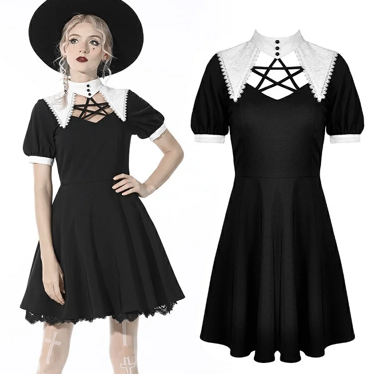 Women's Plus-Size Casual Outfit Women's Gothic Pentagram Cutout Black Pleated Dress