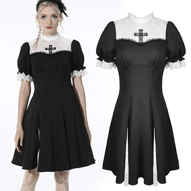 Women's Casual Wear Outfit Women's Gothic Puff Sleeved Splice Black Dress