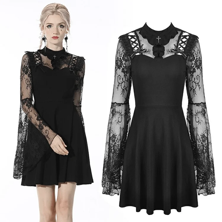 Women's Layered Outfit Women's Gothic Sheer Sleeved Cutout Black Dress Wedding Dress