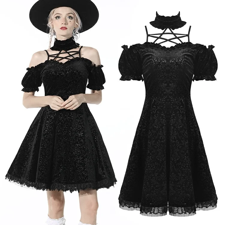 Modern Women's Outfit Women's Gothic Stand Collar Off Shoulder Black Velvet Dress