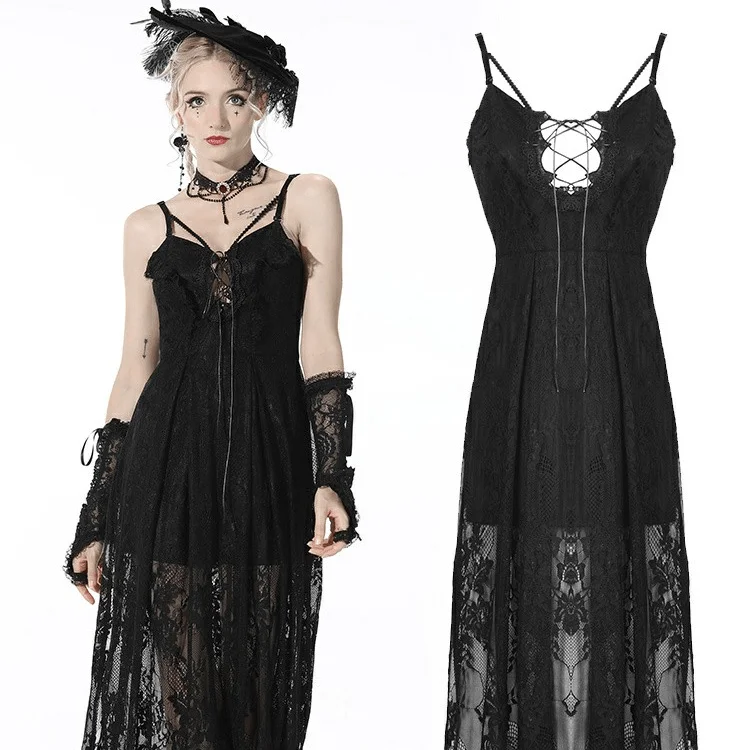 Charming Women's Outfit For Special Occasions Women's Gothic Strappy Lace Black Slip Dress