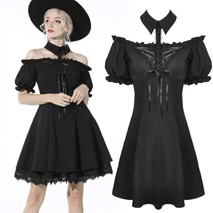 Women's High-Fashion Garments Women's Gothic Strappy Puff Sleeved Black Halterneck Dress