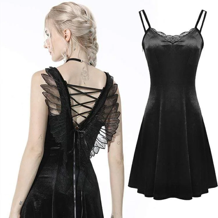 Charming Women's Garments Women's Gothic Strappy Wing Black Slip Dress Wedding Dress