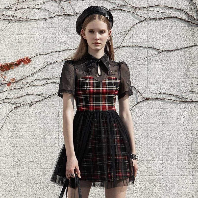 Women's Casual Garments Women's Grunge Mesh Red Plaid Splicing Dresses