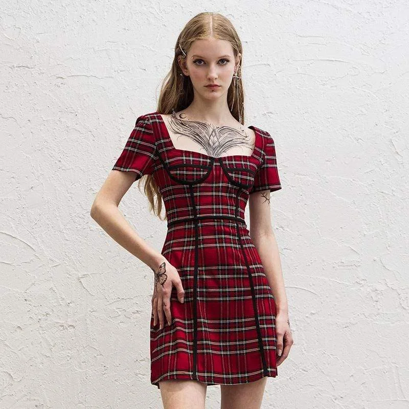 Women's Seasonal Garments Women's Grunge Square Collar Backless Red Plaid Dresses