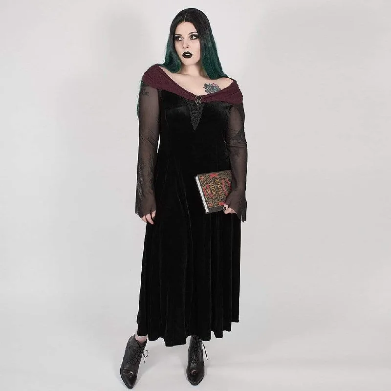 Stylish Women's Outfit Women's Plus Size Gothic Black Velvet Midi Dress with Net Sleeves and Scarlet Collar