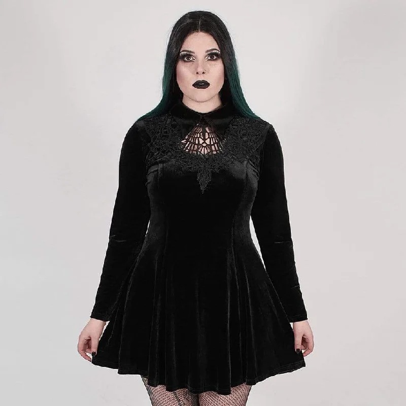 Women's Work Outfit For The Office Women's Plus Size Gothic Black Velvet Short Collared Dress