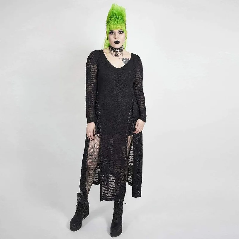 Women's Layered Outfit Women's Plus Size Gothic Full Sleeved Net Midi Dress with Slits