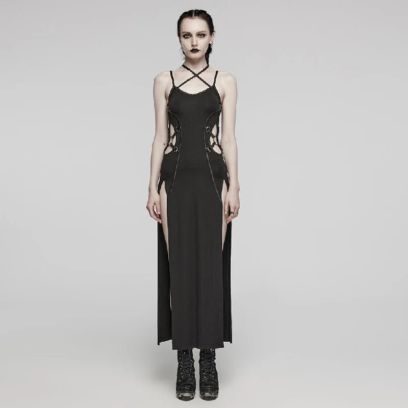 Women's Vintage-Inspired Outfit Women's Punk Cutout Side Slit Lace-Up Halter Slip Dress