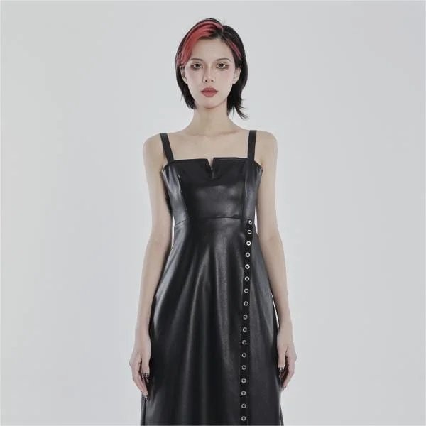 Women's Transitional Attire Women's Punk Eyelet Split Faux Leather Slip Dress