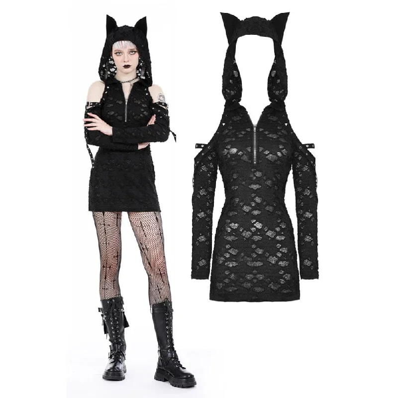 Women's Relaxed Outfit Women's Punk Off Shoulder Ripped Dress with Hood