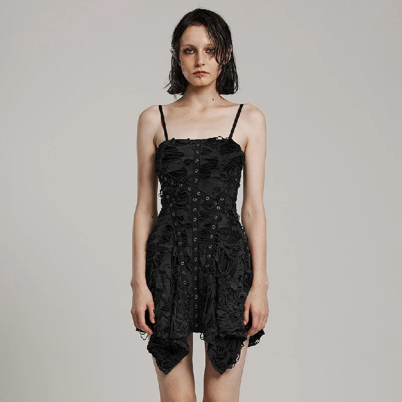 Chic Women's Garments Women's Punk Ripped Eyelet Irregular Slip Dress Black