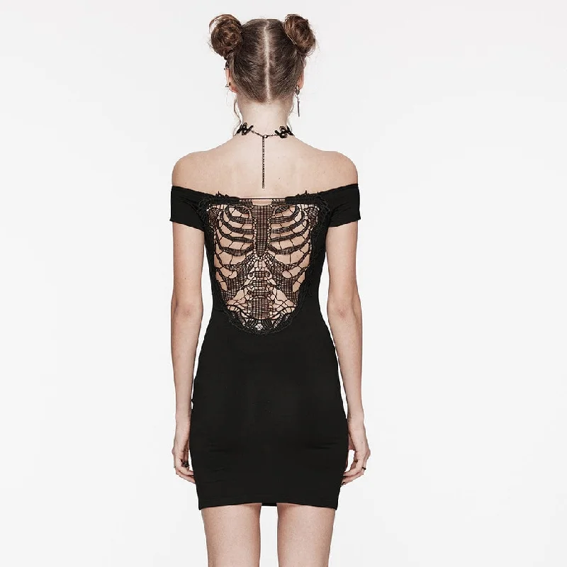 Women's Professional Garments Women's Punk Skeleton Embroidered Off-shoulder Dress