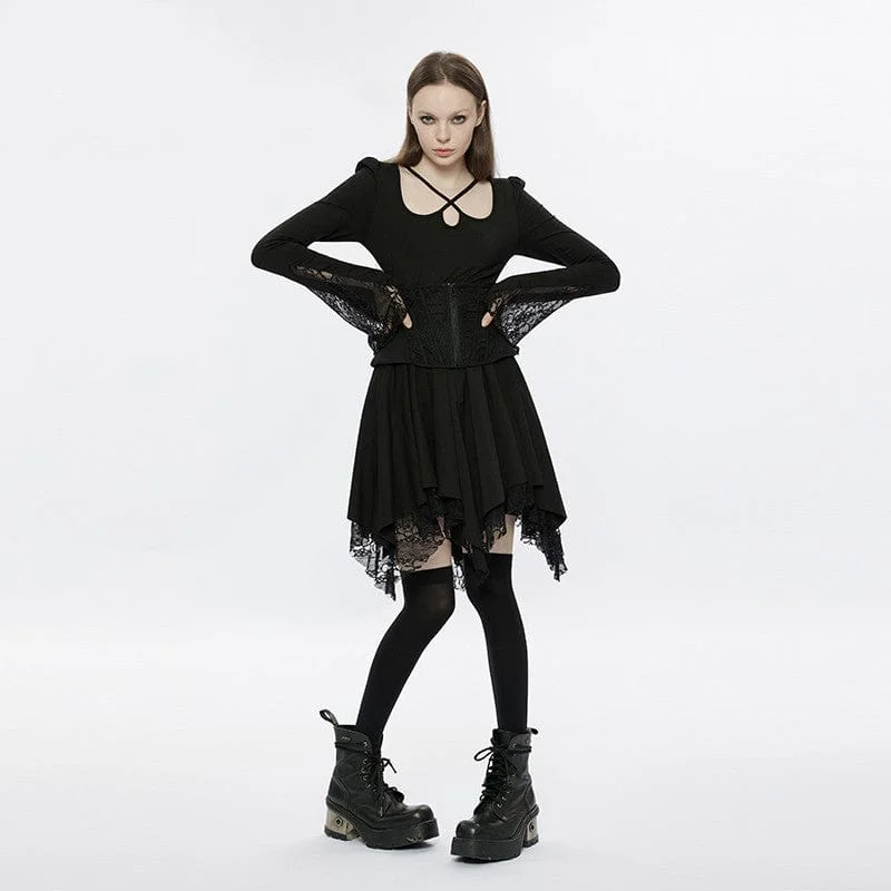 Women's Outerwear Attire Women's Punk Square Collar Flare Sleeved Black Little Dress