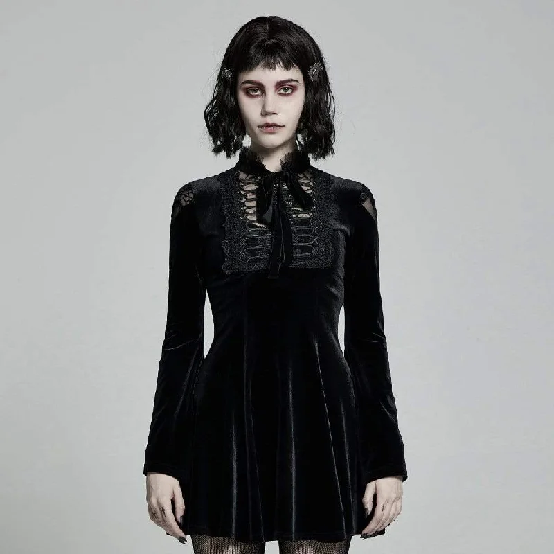 Women's Outdoor Attire Women's Victorian Gothic Flare Sleeved Velet Black Little Dresses with Bow Tie